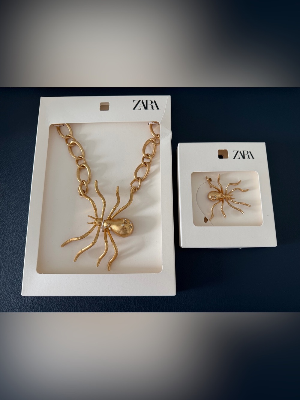 Zara Halloween Spider Necklace & Pin Set Gold Statement Jewelry NWT